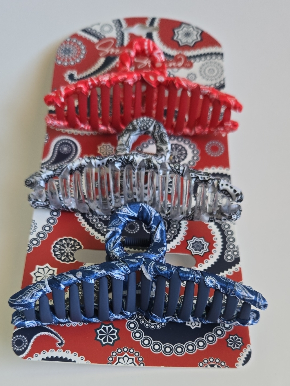 3-Pack Paisley Fabric-Wrapped Hair Clip Set Red, White & Blue NEW